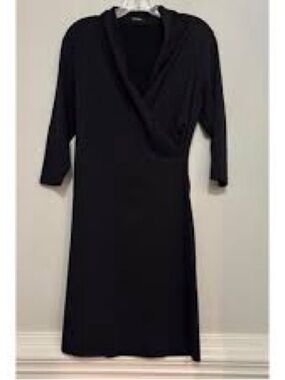 Black Midi Wrap-Style Dress with Three-Quarter Sleeves
